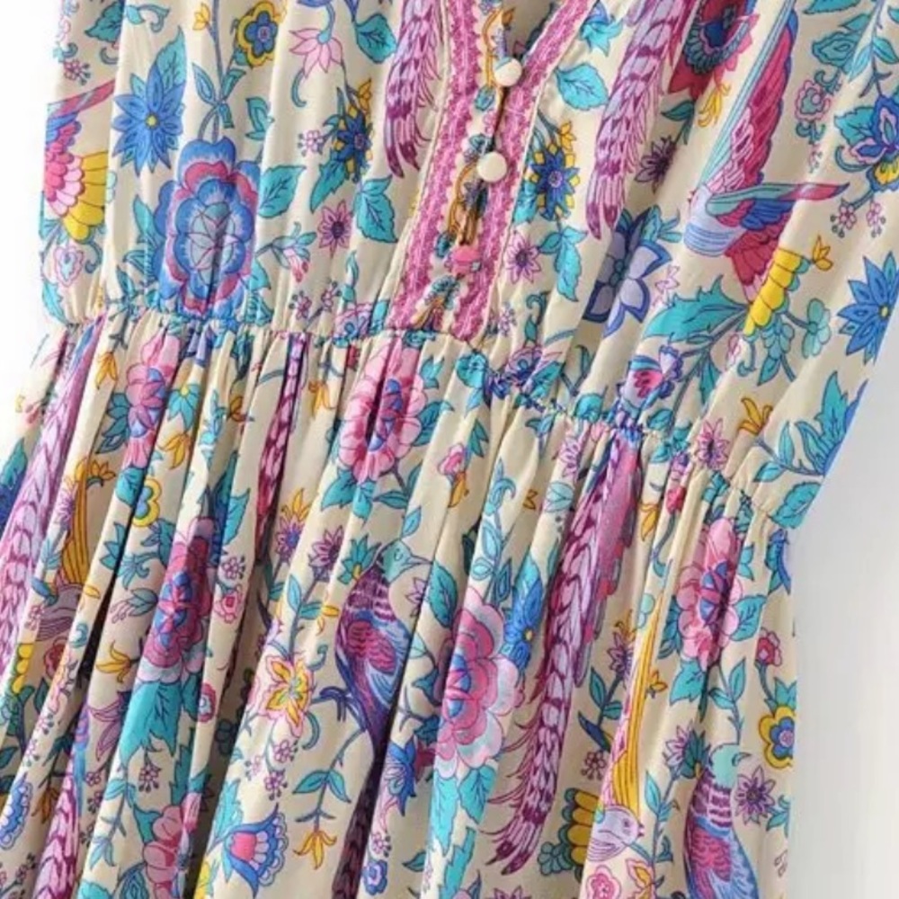 Colorful Bird Boho Floral Gypsy Print Dress - Picture 7 of 10
